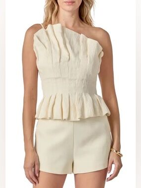 ENGLISH FACTORY Ruffle Asymmetrical Shelled Ivory Statement Top | Medium